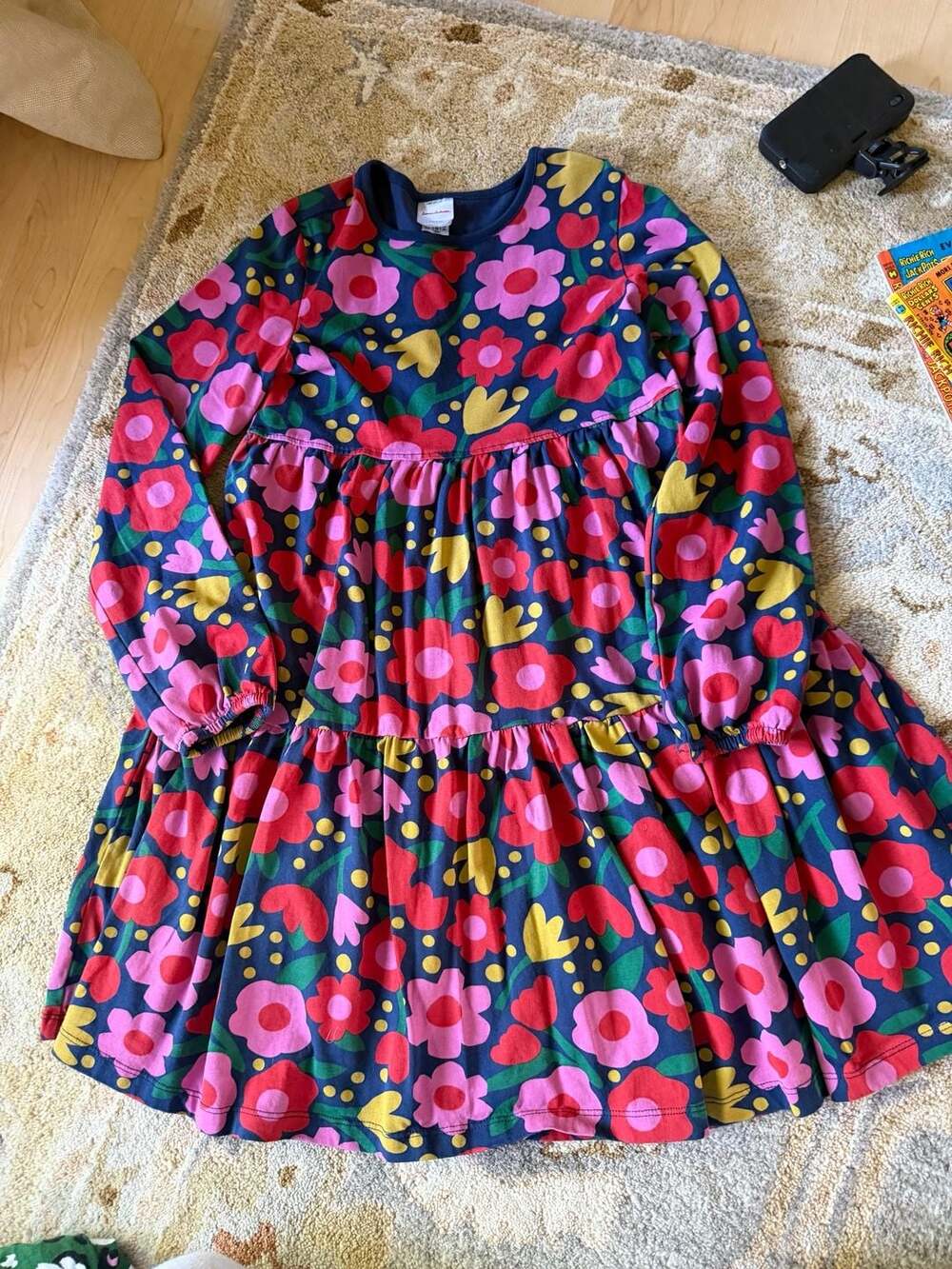 Hanna Andersson Girls Long Sleeve Tiered Playground Dress in Rosey Posey Navy Fl